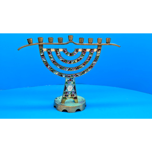 Hanukkah Menorah 9 Branch Brass Enamel Candle Holder 7" Tall Made in Israel - Picture 3 of 14